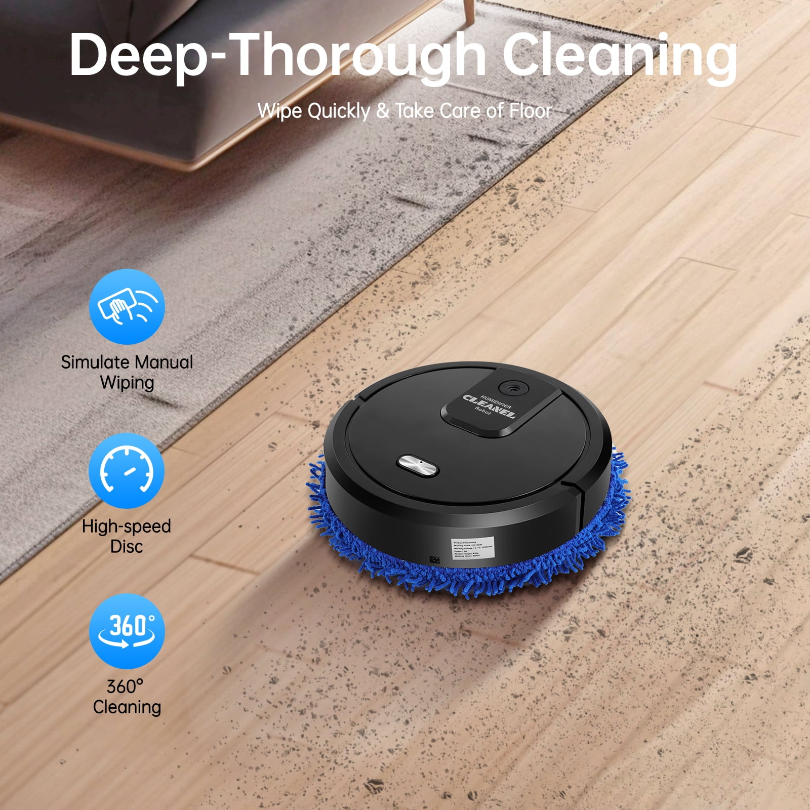 Robot Mop, 60min Cleaning, 360° Full-Surround Wipe Smart Robot Vacuum Cleaner Sweeping Mopping Smart Mop with Humidifying Function, Wet and Dry Available
