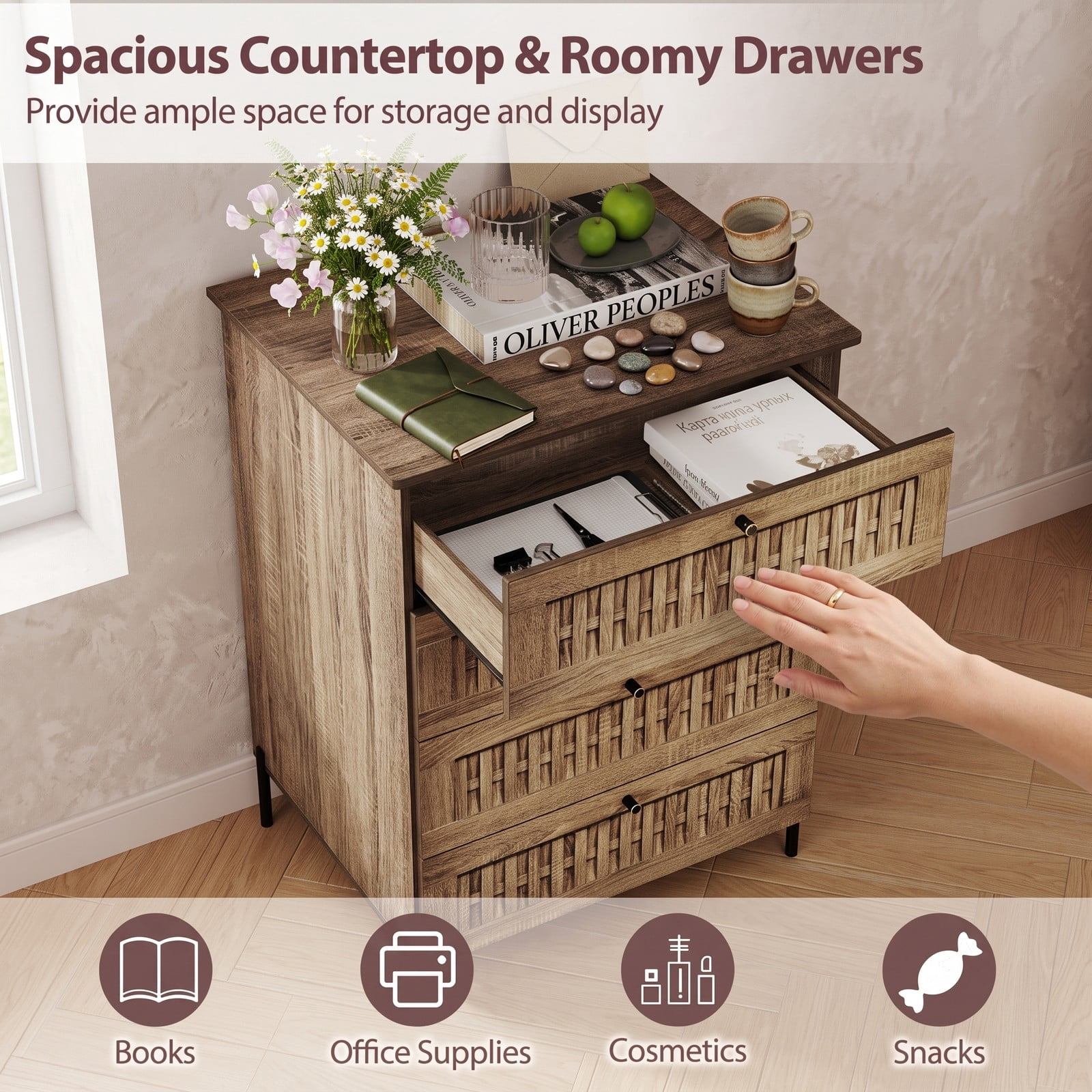Furnibear 4-Drawer Dresser with Woven Rattan-Textured Fronts and Sturdy Metal Legs for Bedroom Living Room and Hallway Storage, Caramel Oak