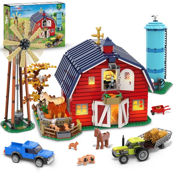 INSOON Farm Barn Building Set with LED, Western Farm House Building Block with Windmill Tractor Horse Animals 1405 PCS, Big Barn Construction Toy Brick Kit for Adults Te