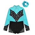 thumbnail image 3 of YONGHS Kids Girls Long Sleeve Gymnastics Leotard Shorty Jumpsuit Dance Unitard with Hair Band Set Blue Green 8, 3 of 7