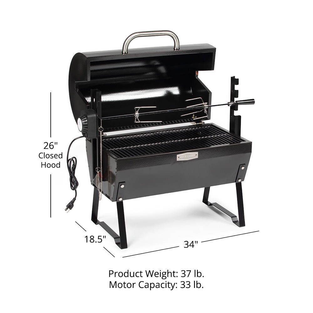 Titan Distributors Ash & Ember 4W Rotisserie Spit Roaster Grill, Rated 33 LB, Horizontal Adjustable Spit Rod for Outdoor Charcoal BBQ, Stainless Steel