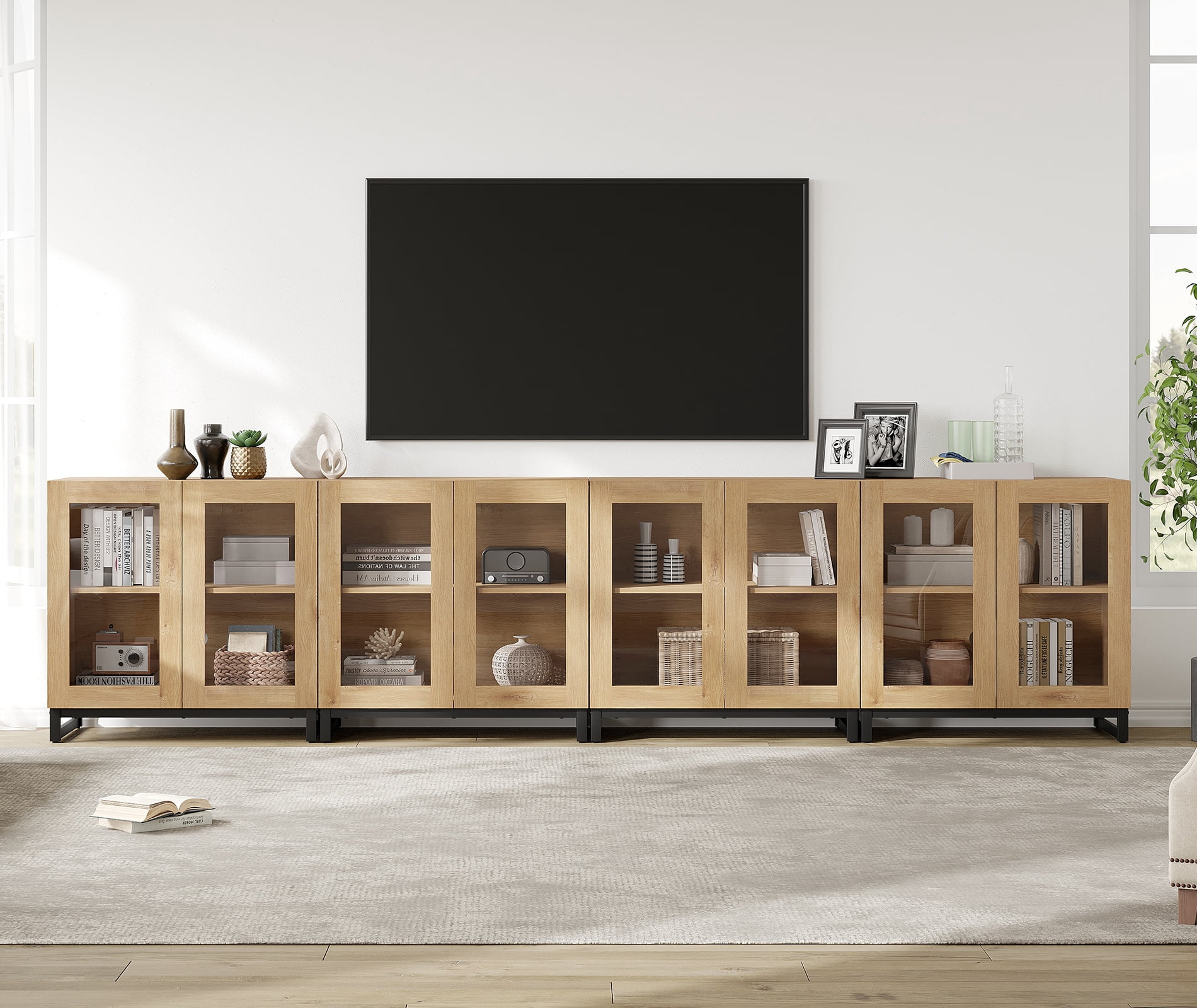 WAMPAT Modern TV Stand with 3 Tiers Bookshelf, Farmhouse Entertainment Center with 4 Large Storage Cabinets and Adjustable Shelf, Wooden Media TV Console with Glass Doors for Living Room, Oak