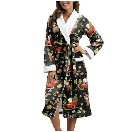 

AOOCHASLIY Bath Robes for Women Clearance Fashion Ladies Plush Long Sleeve Bandage Christmas Printed Cardigan Sleepwear Coat