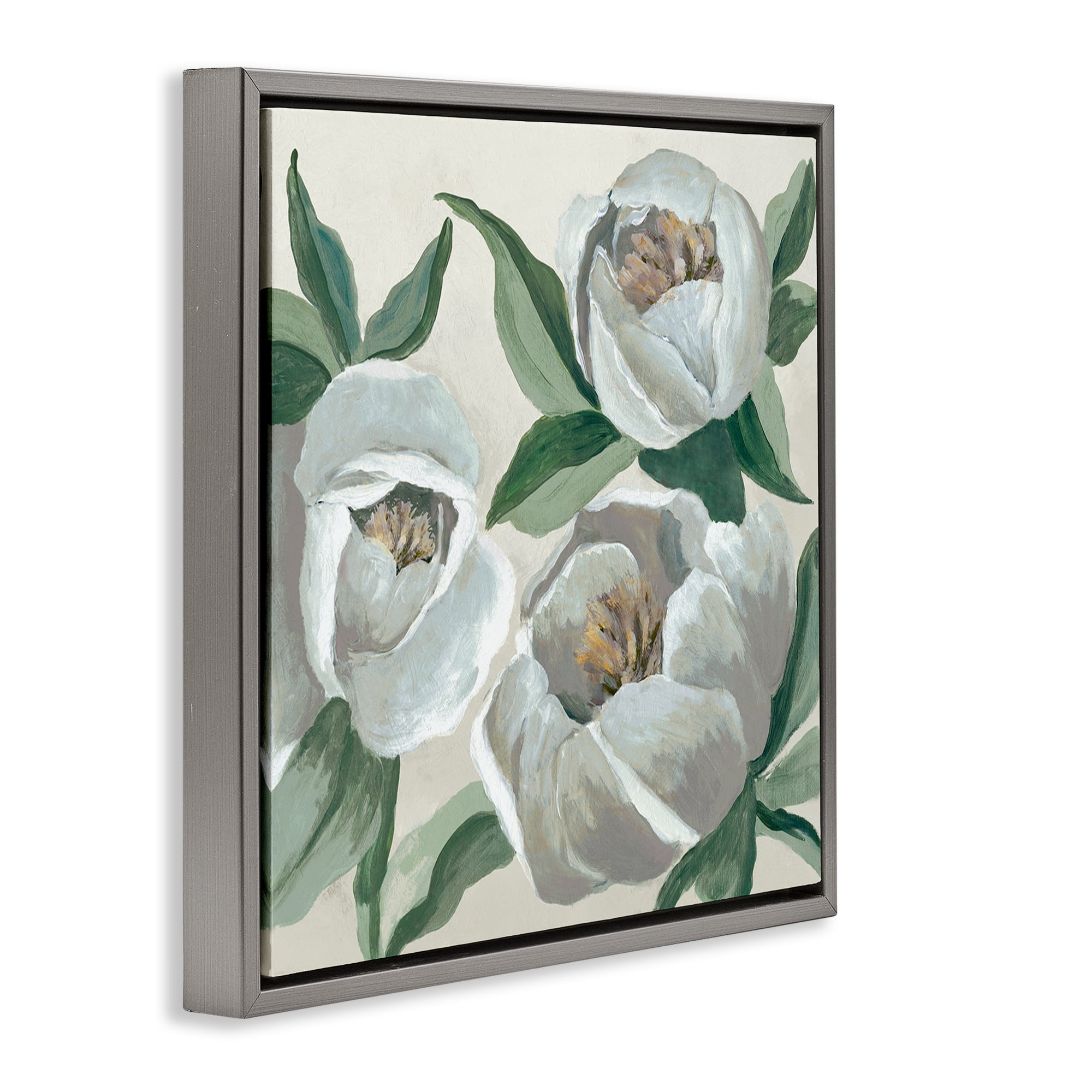 Stupell Industries Round White Peonies Plants & Flowers Painting Gray Floater Framed Canvas Art Print Wall Art, 18 x 18