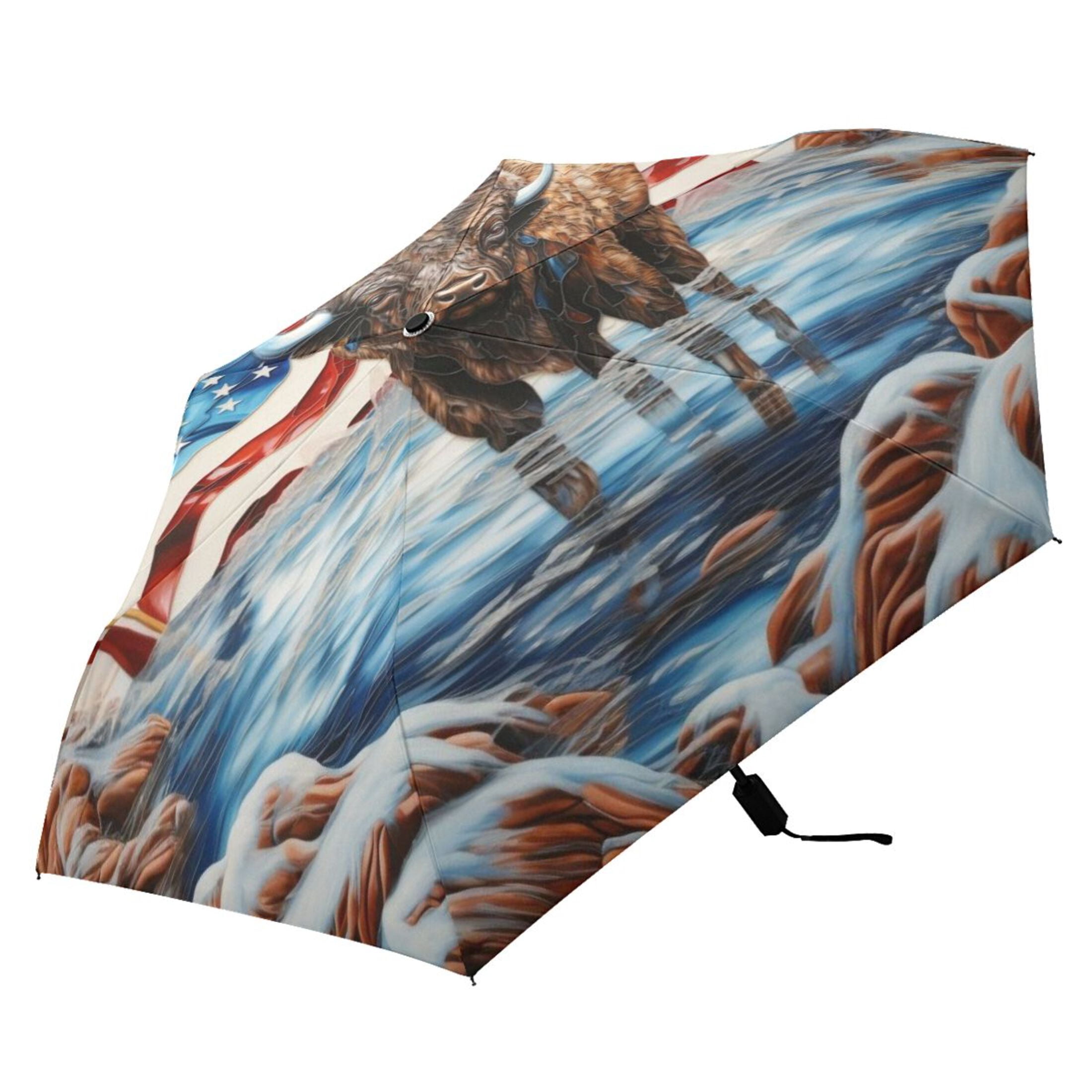 American Flag and Cattle Compact Sun Umbrella Windproof Travel Umbrellas for Rain Strong Portable UV Protection
