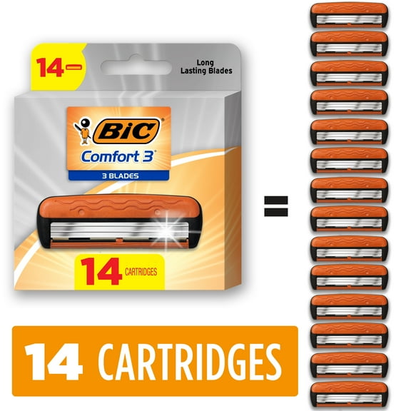 BIC Comfort 3 Refillable  Razor Blade Refills, 14 Razor Blade Heads Refill Cartridges for Manual Shaving Razors