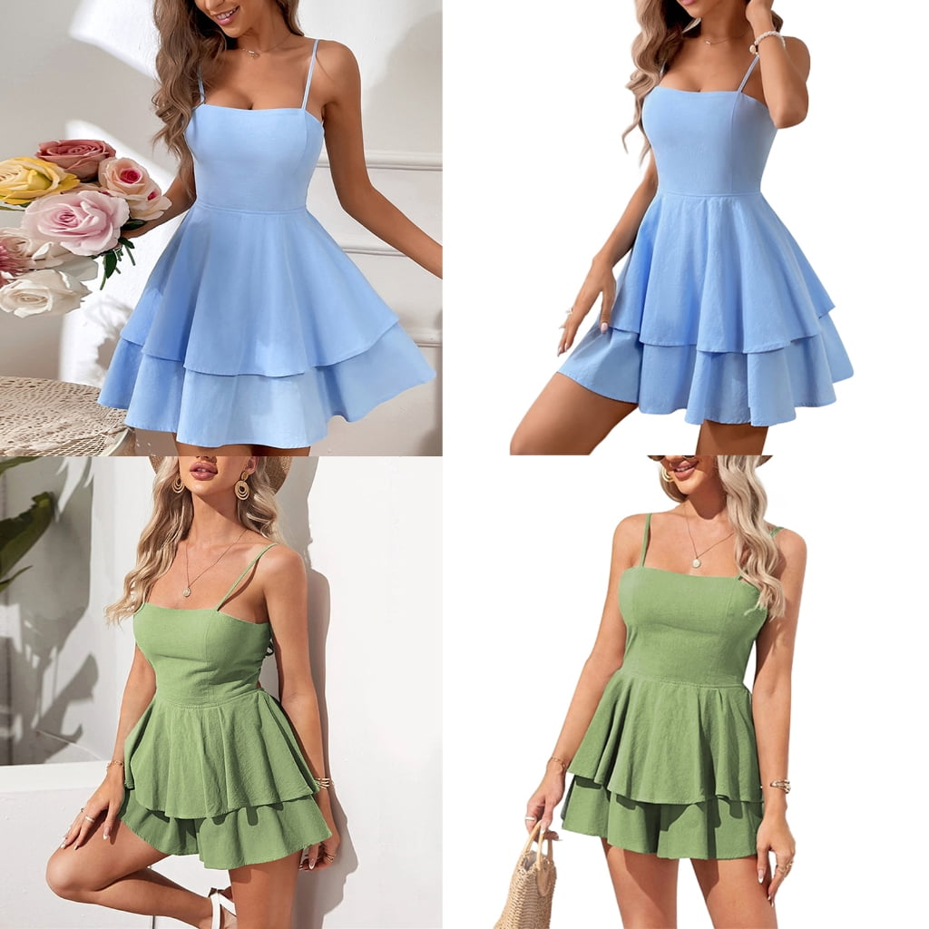 Womens Spaghetti Strap Solid Summer Tie Back Mini Dresses Sexy Square Neck Backless Ruffle Hem Swing Flowy Dress - image 2
