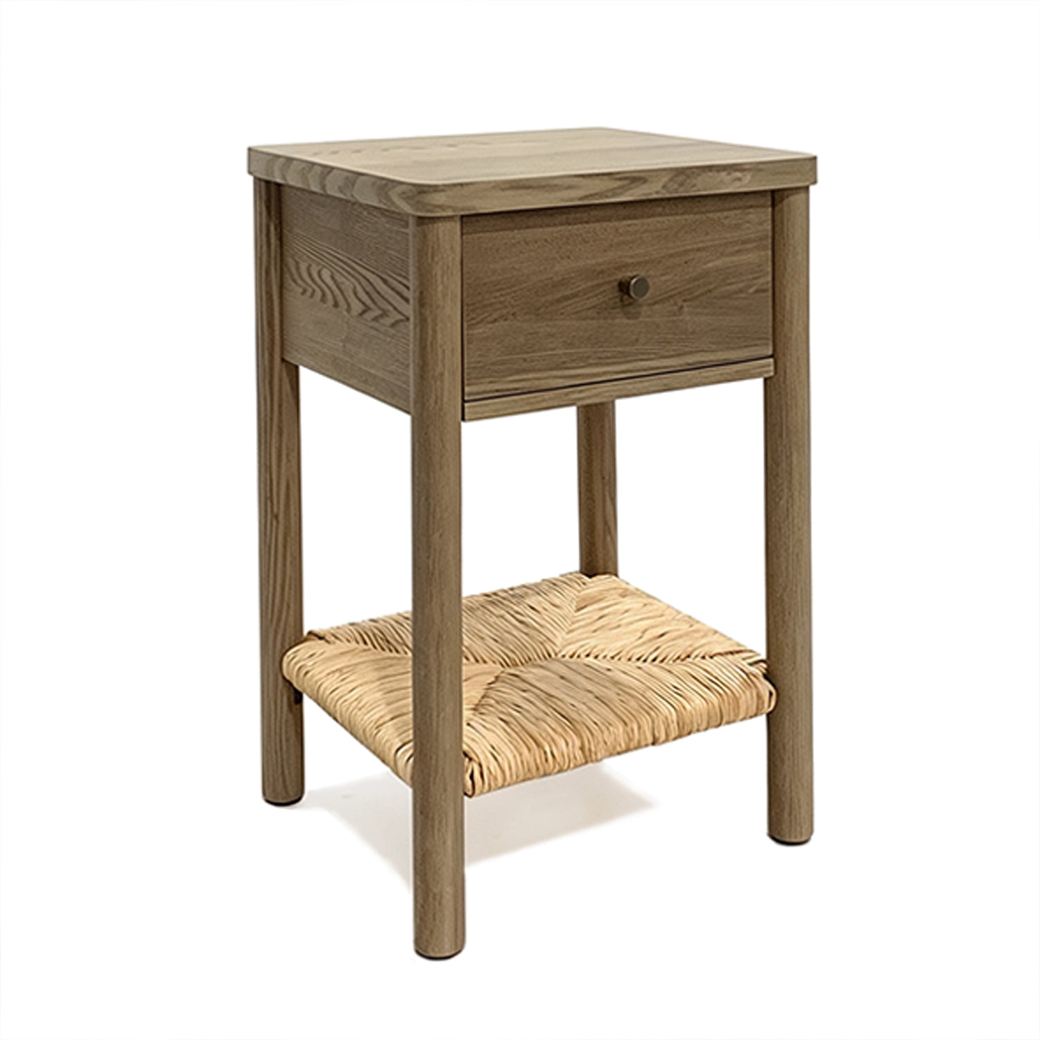 Nightstand Side Table 15.75 Inch, Solid Wood Round Legs with Woven Jute Storage Shelf and Drawer for Bedroom Living Room, Antique Grey