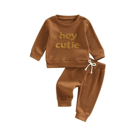 

wybzd Autumn Causal Baby Boys Girls Clothes Sets 2pcs Letter Embroidered Long Sleeve Sweatshirt Tops Pants Caramel 6-12 Months