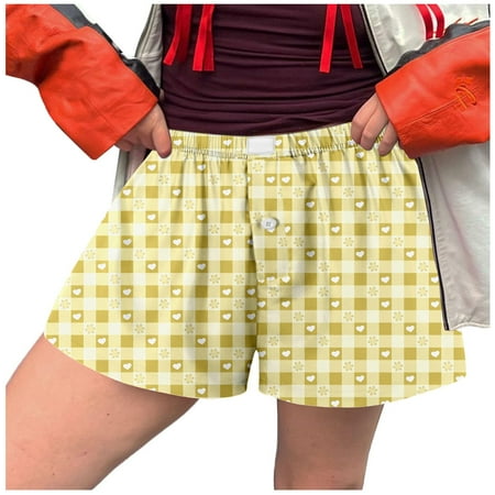 Blphud Shorts Women Trendy Shorts Underwear for Women Cotton Women Shorts Soft Elastic Low Waist Plaid Print Button Front Bottoms Boxer Shorts Womens Baseball Shorts Beige S