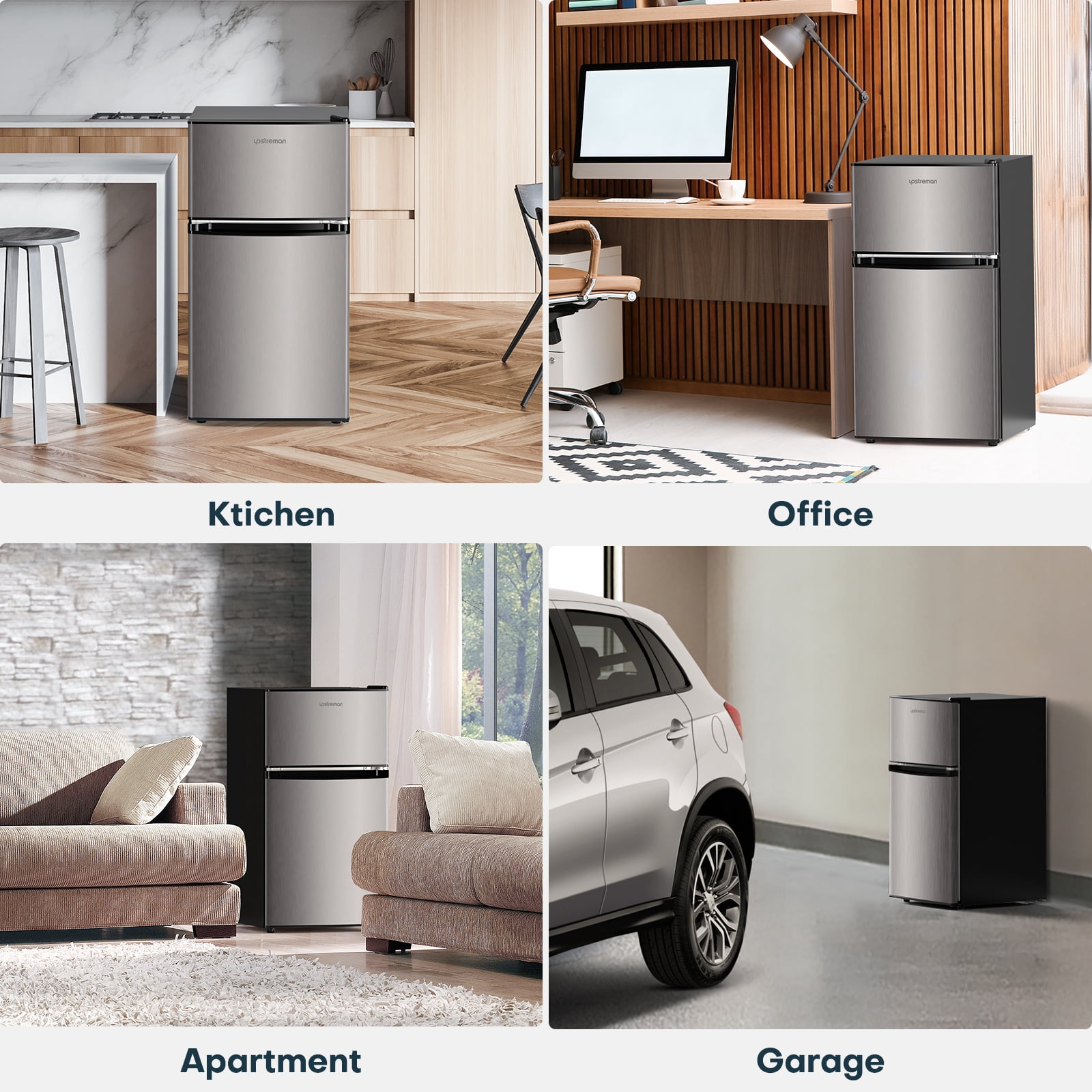 Upstreman 3.2 Cu.Ft Mini Fridge with Freezer, 2 Door Small Refrigerator Mini Apartment Size Refrigerator, SD321 Stainless Steel