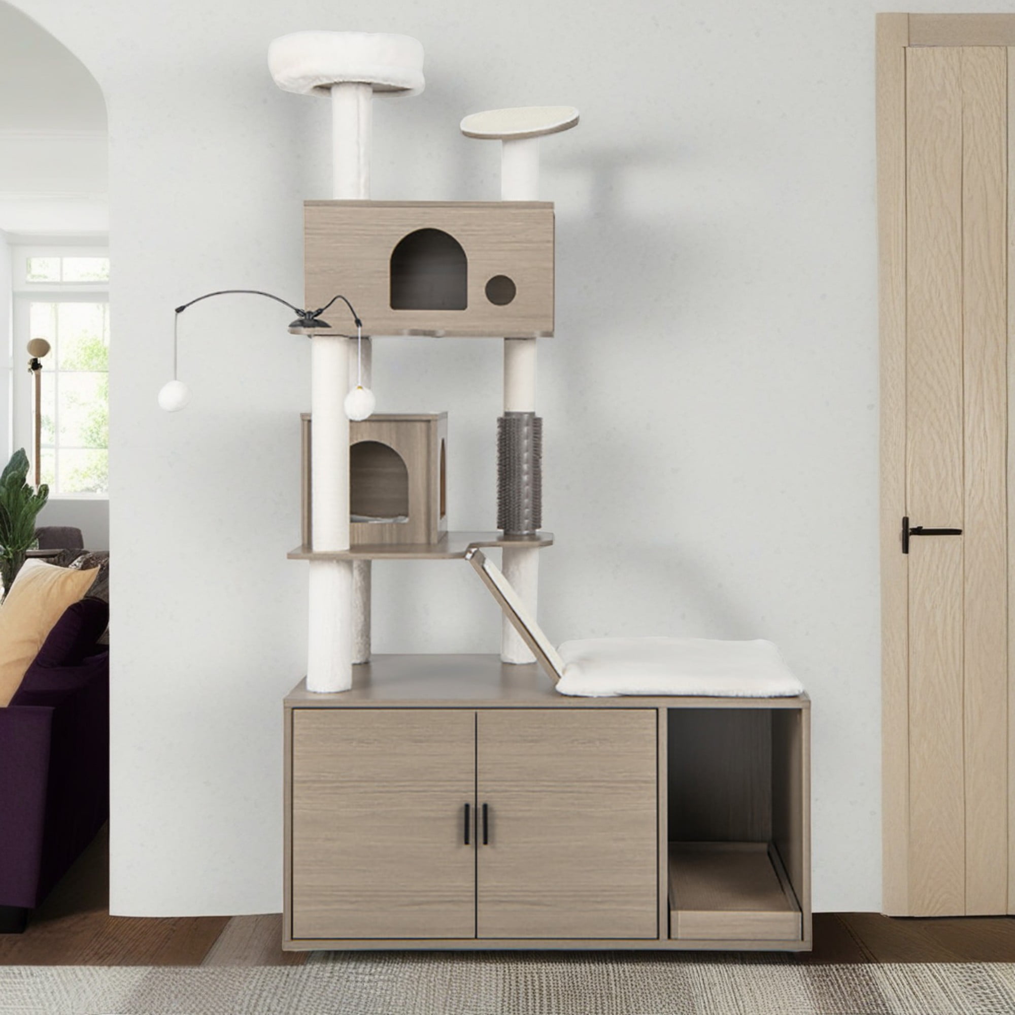 Kadyn 68" Cat Tree with Wood Litter Box Enclosure, All-in-one Indoor Cat Furniture with Large Platform and 2 Condo, Modern Style Cat Tower, Gray