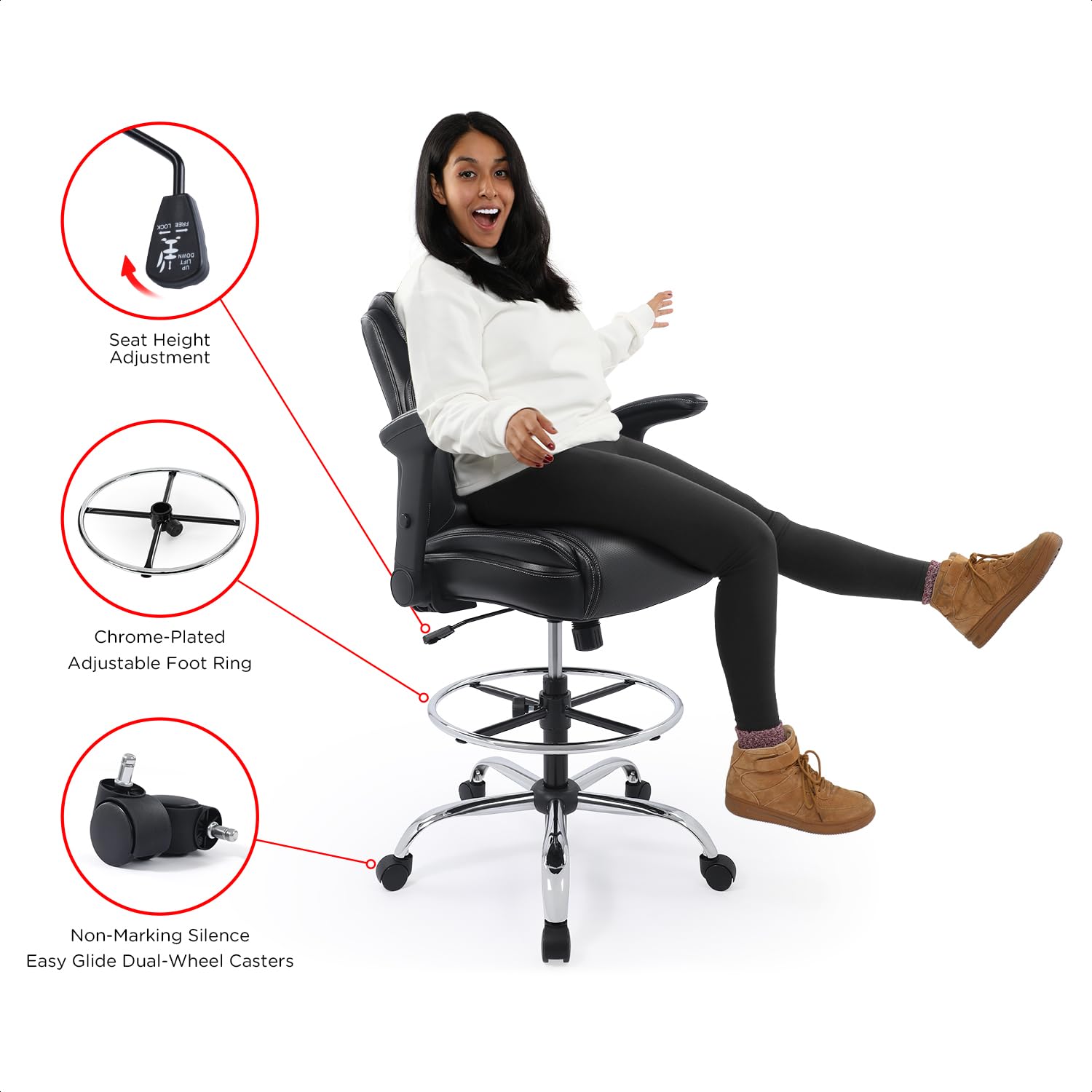 CHAIRMAN® Ergonomic Mid-Back Bonded Leather Adjustable Drafting Chair with Multi-Function Arms and Foot Ring, Standing-Desk Matched Tall Swivel Computer Office Stool, Black