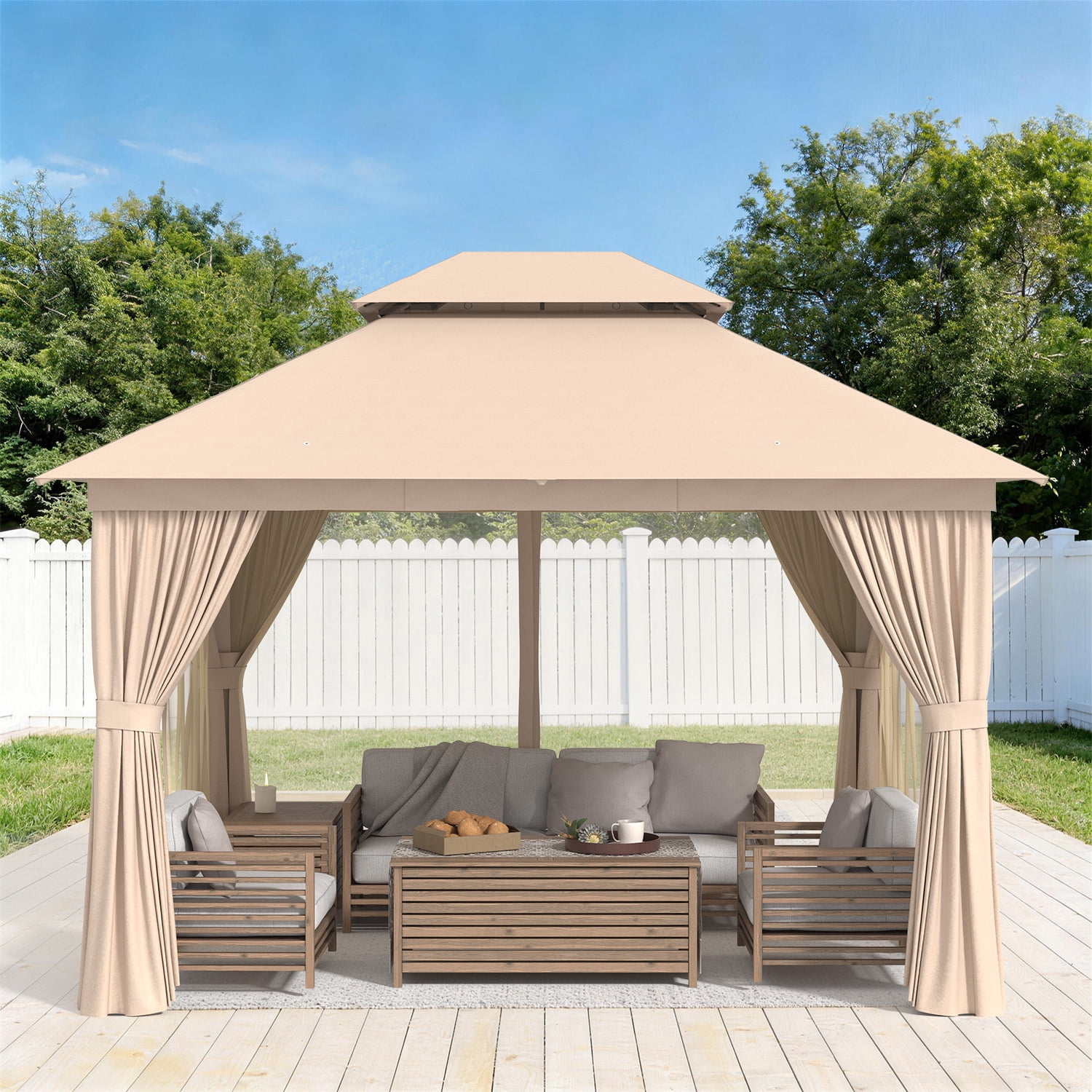 BaPiPro 10'x12' Patio Gazebo, Heavy Duty Double Roof Outdoor Canopy Tent, Mosquito Netting & Sidewall Curtains Included, UV/Wind Resistant Shelter for Garden, Deck, Backyard (Beige)