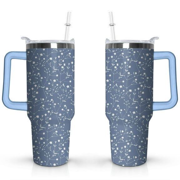 40oz White Blue Flower Grass Stainless Steel Flip Straw Tumbler Spill Proof Travel Cup Double Wall Vacuum Insulated Coffee Mug with Top Handle