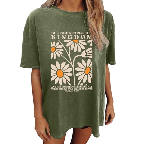 Tiweut Casual T Shirts for Womens Round Neck Short Sleeve Floral Graphic Print Religious Pullover Tops,Army Green
