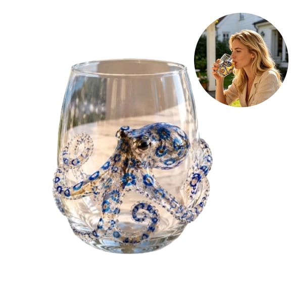 3D Octopus Glass Tumbler - Hand Blown Blue Ring Octopus Stemless Wine Glass, Multi-Use Drinkware for Home Bar Patio Beach House Kitchen Decor