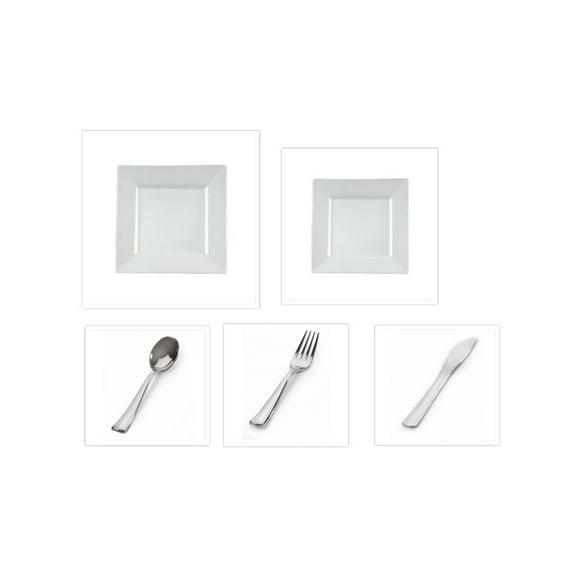 Yoshi China Disposable Plastic White Square Plates   Cutlery *Service for 100*