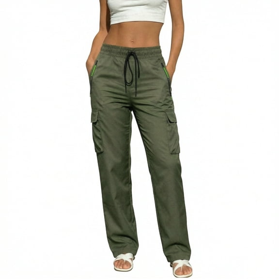 Women's Hiking Pants, Lightweight Soft Travel Cargo Trousers, Straight Leg Baggy Hiking Pants with Zipper Pockets, Casual Outdoor and Daily Work Cargo Pants, Athletic Casual Clothes Blackish Green