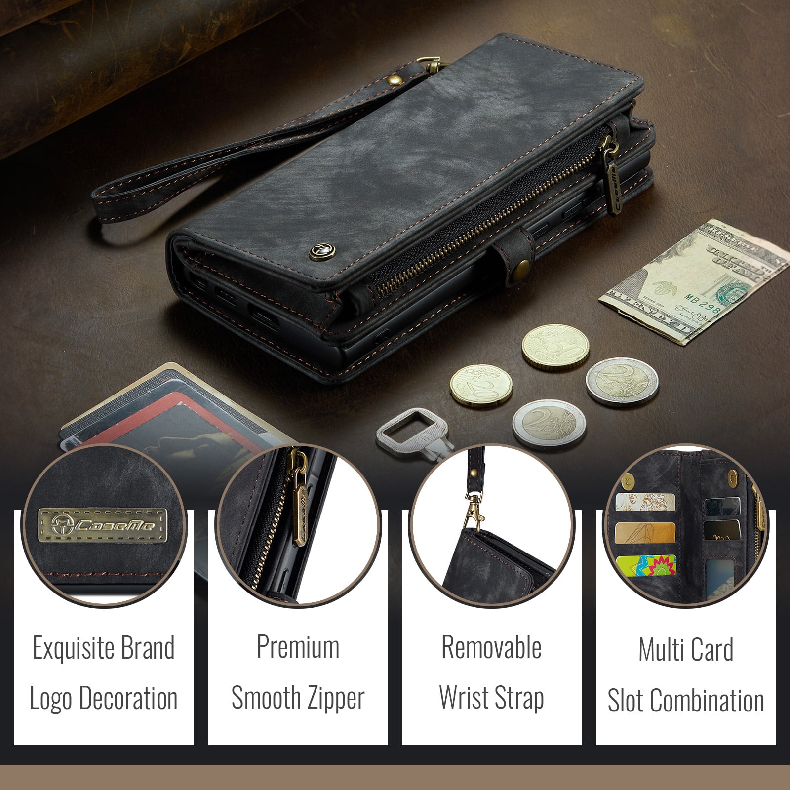 Dteck for Samsung Galaxy Note 10 Plus Wallet Case,Leather Zipper Wallet Case 8 Card Slots Holder Flip Purse Magnetic Handle Strap Shockproof Detachable Phone Cover For Samsung Galaxy Note 10+, Black