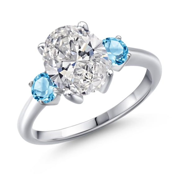 Gem Stone King 2.71 cttw IGI Certified Lab Grown Diamond and Swiss Blue Topaz 3-Stone Engagement Ring for Women | 925 Sterling Silver | Center 2.00 Ct Diamond | E-F Color | VS1-VS2 Clarity | Size 9