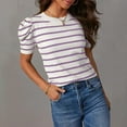 thumbnail image 2 of Women's Short Puff Sleeve Knit Tops 2025 Trendy Crewneck Striped T Shirts Casual Summer Blouses, 2 of 7