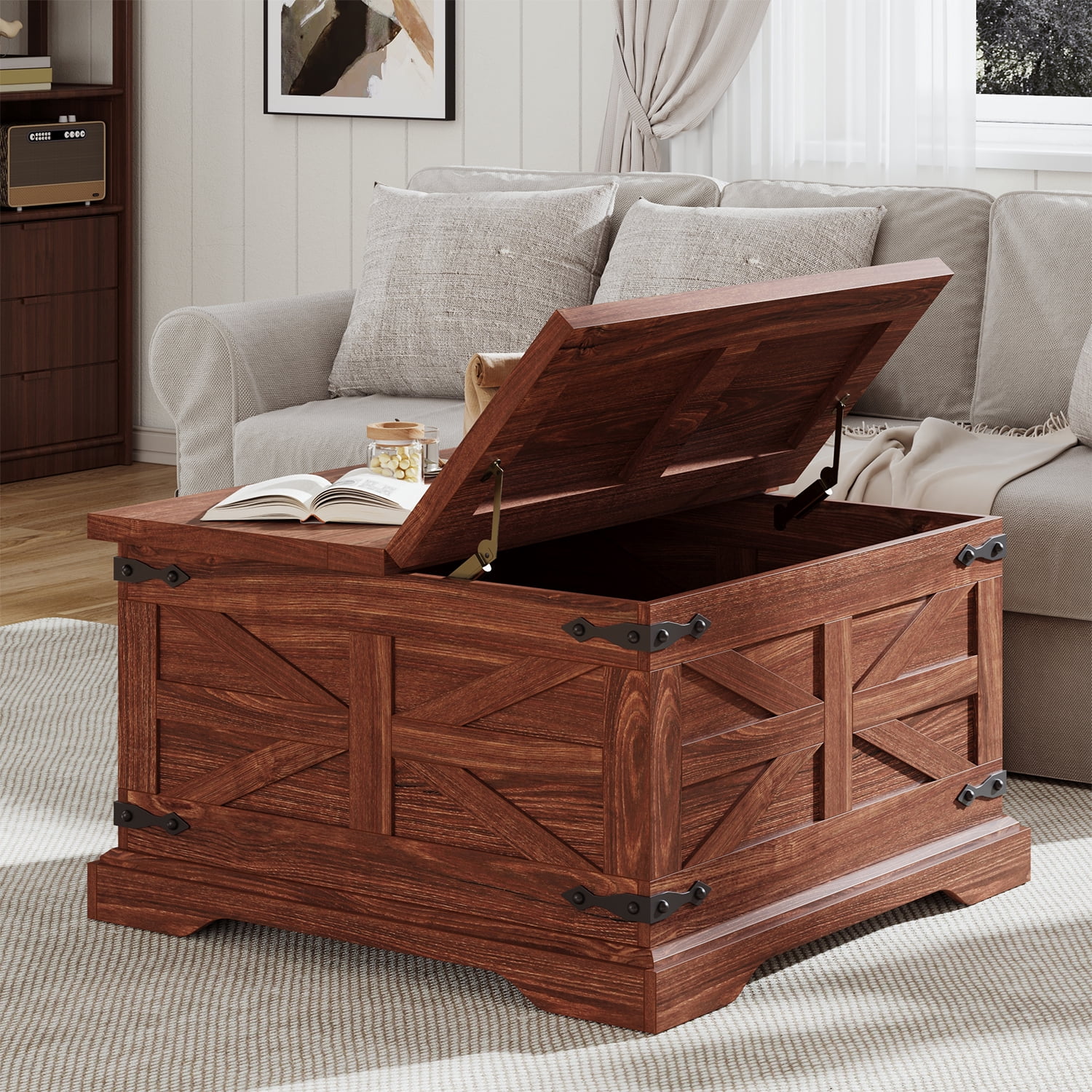 Winkalon Modern Farmhouse Coffee Table, Square Wood Center Table with Large Storage Space,Cherry