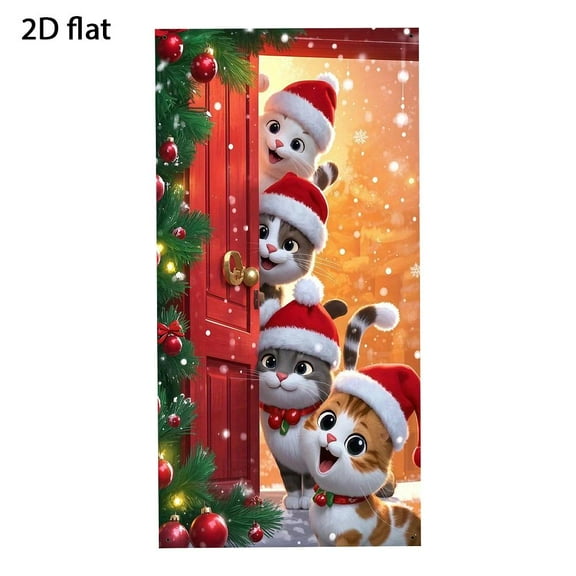 Christmas Door Cover Decoration, Cute Cats Front Door Cover, Xmas Hanging Banner, Large Photography Background & Holiday Party Backdrop for New Year Celebrations