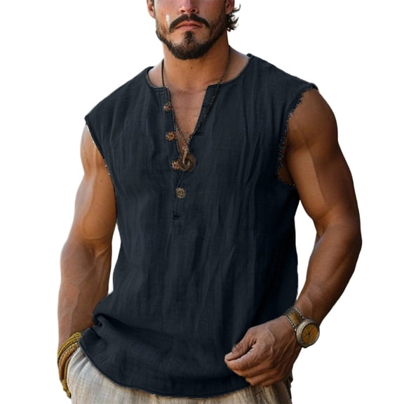LpwkSSA Mens Sleeveless Linen Henley Top Button Placket Design V Neck Lightweight Fabric Casual Silhouette for Beach Vacations Black XL