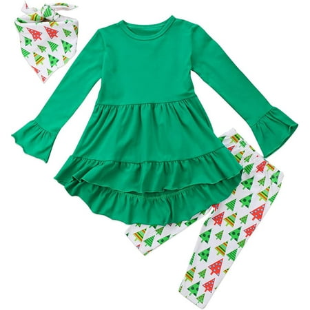 

PIKADINGNIS Christmas Toddler Baby Girl Outfits Santa Long Sleeve T-Shirt Tops Plaid Flared Pants Kids Bell Bottom Clothes Set