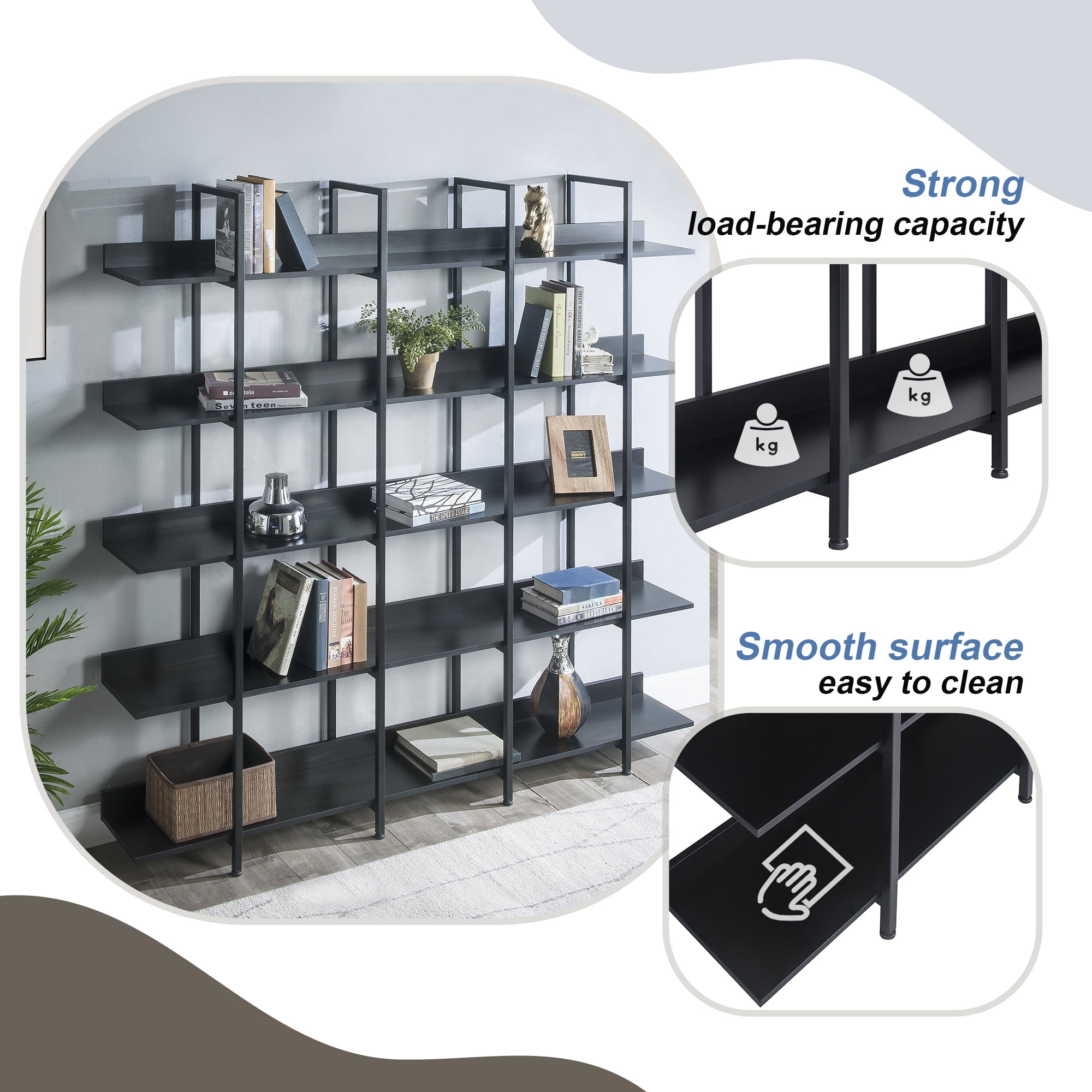Euroco 5 Tier Bookcase Home Office Open Bookshelf, Vintage Industrial Style Shelf, MDF Board, Black Metal Frame