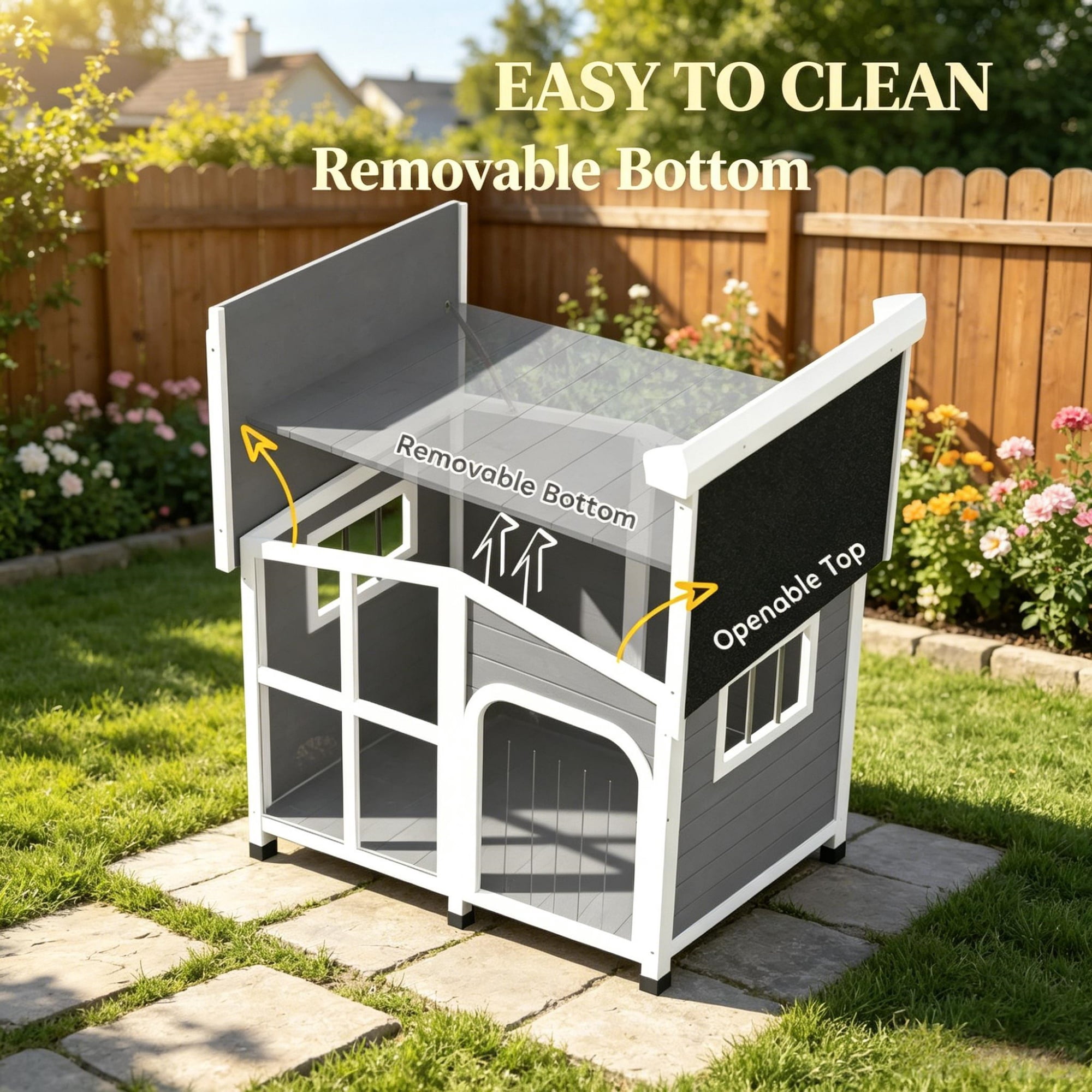 Large Dog House Cabin-Style Wooden Pet Shelter with Openable Roof And Giant Window, Gray