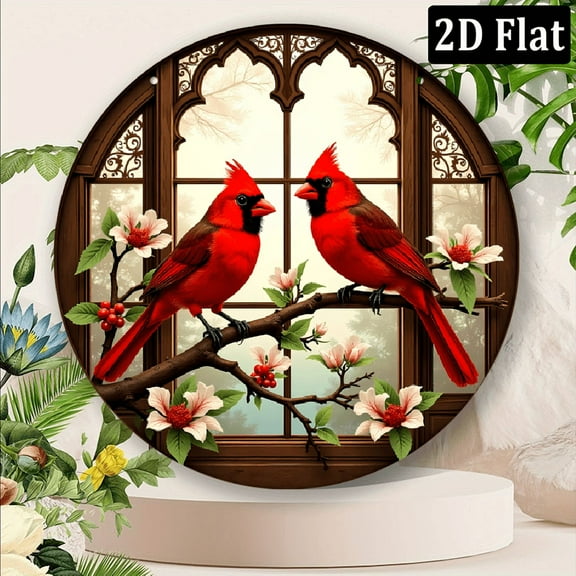 YNLLOOFU 1pc Vintage Cardinal Metal Wall Art - 8*8 Inch Round Aluminum Sign with Intricate Floral Berry & Stained Glass Design, Vibrant Red Cardinals - Classic Home, Office, Kitchen Decor