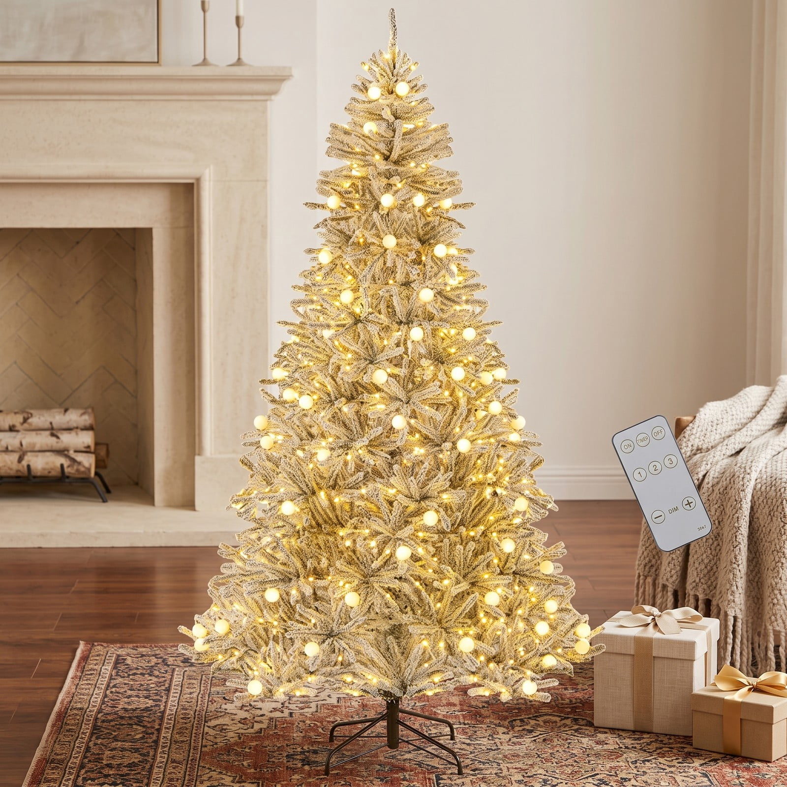 RUIE 8 Feet Pre-lit Snow-Flocked Artificial Christmas Tree, Hinged Xmas Tree with 450 Warm White LED Lights, 81 Sphere Lights, Remote and Timer for, Green & White