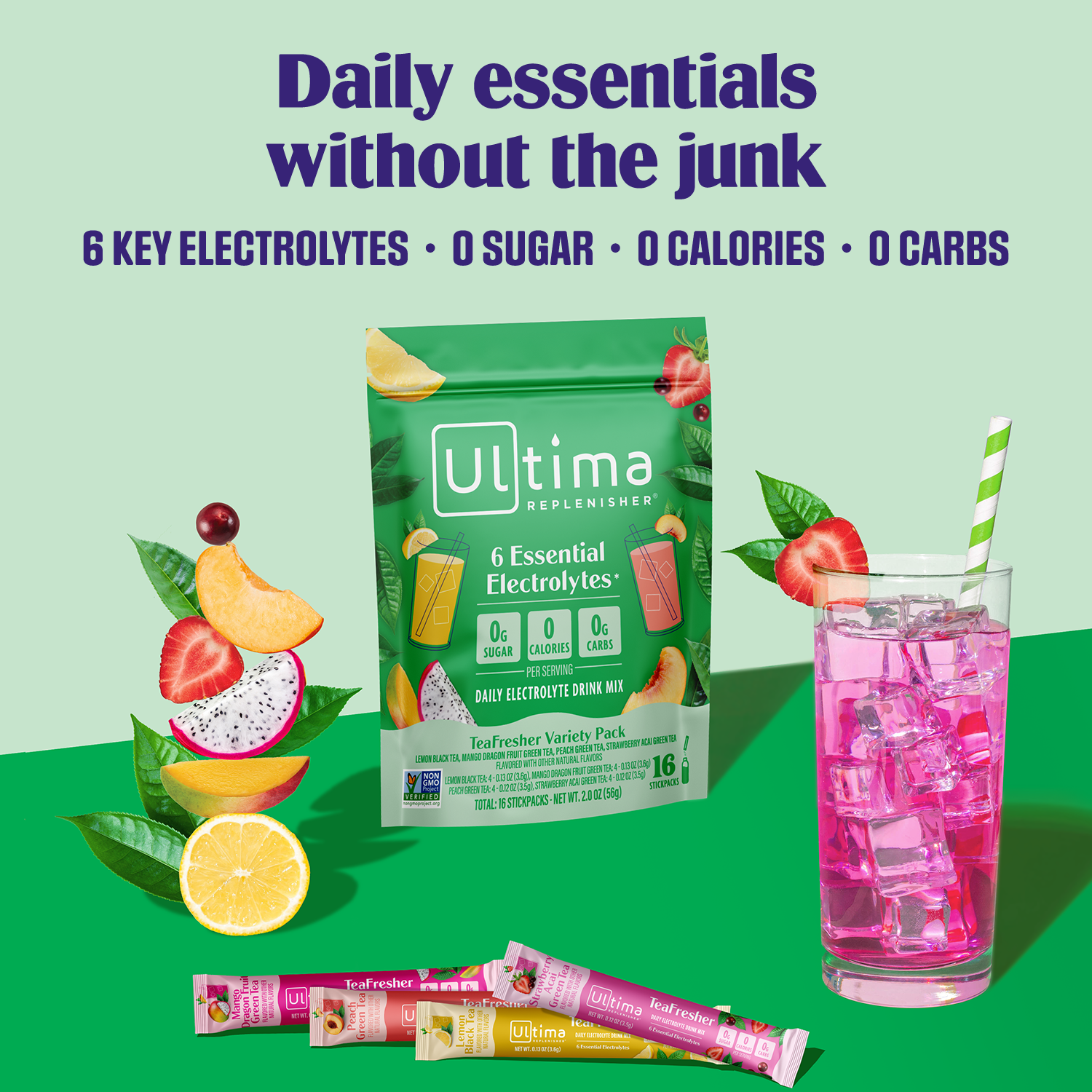 Ultima Replenisher TeaFreshers Daily Electrolytes Powder and Instant Tea Mix - Variety Pack, 16 Stickpacks - Hydration Packets with 4 Sugar-Free Fruit and Tea Fusions, 6 Key Electrolytes