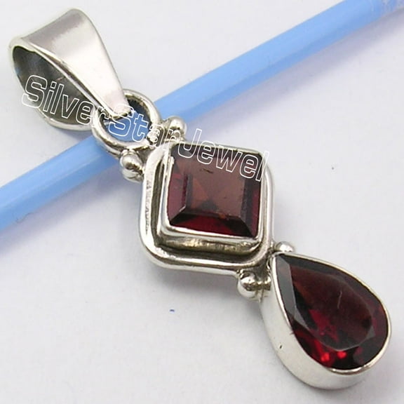 SilverStarJewel 925 Sterling Silver Cut Red Garnet 2 Stone Urban Style Pendant 1.3" Unisex