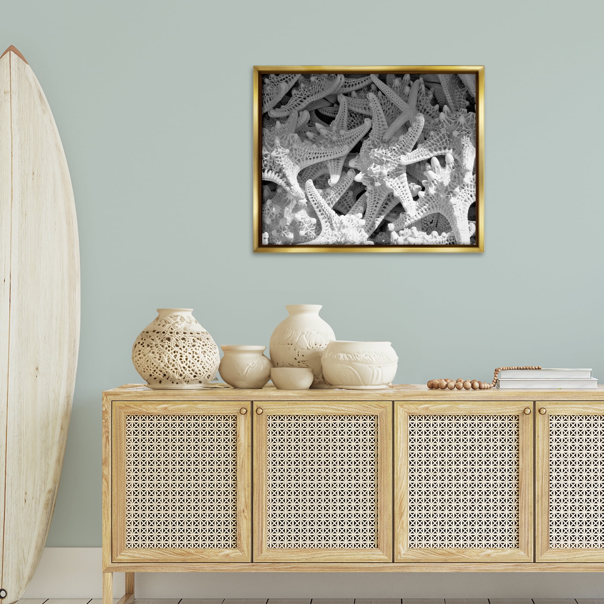 Stupell Industries Nautical Starfish Pile Coastal Photography Gold Floater Framed Canvas Art Print Wall Art, 31 x 25
