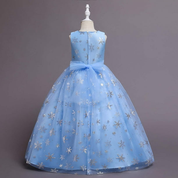 Zwiiyzr Kids Girls Tulle Princess Dresses Snowflake Pattern Printed Net Yarn Dress Children Sleeveless Long Dress Canonicals Blue