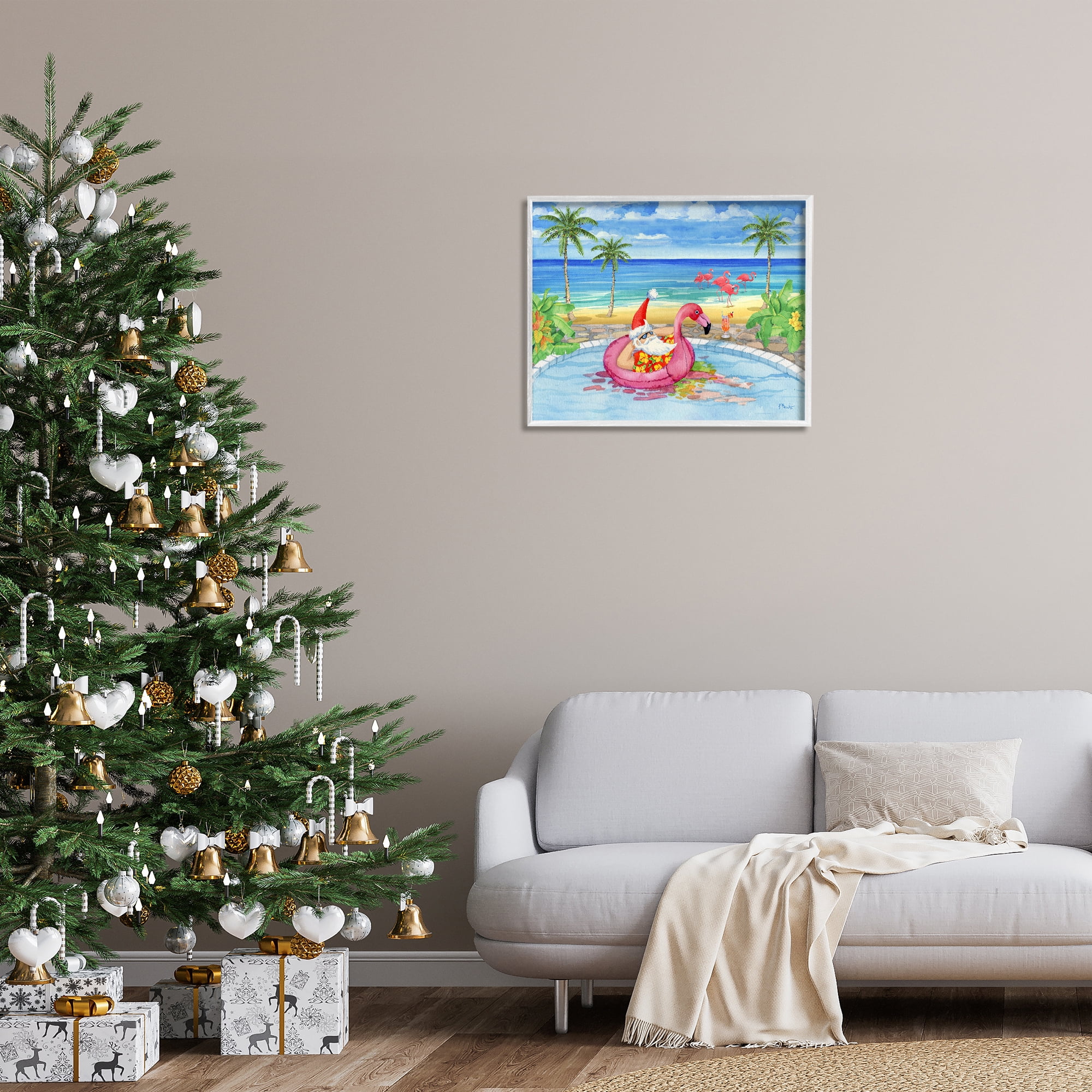 Stupell Industries Santa with Pool Float Holiday Painting White Framed Art Prints Wall Art, 30 x 24