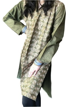 Mogul Women Long Tunic Dress Green Golden Embroidered Blouse Kurti M