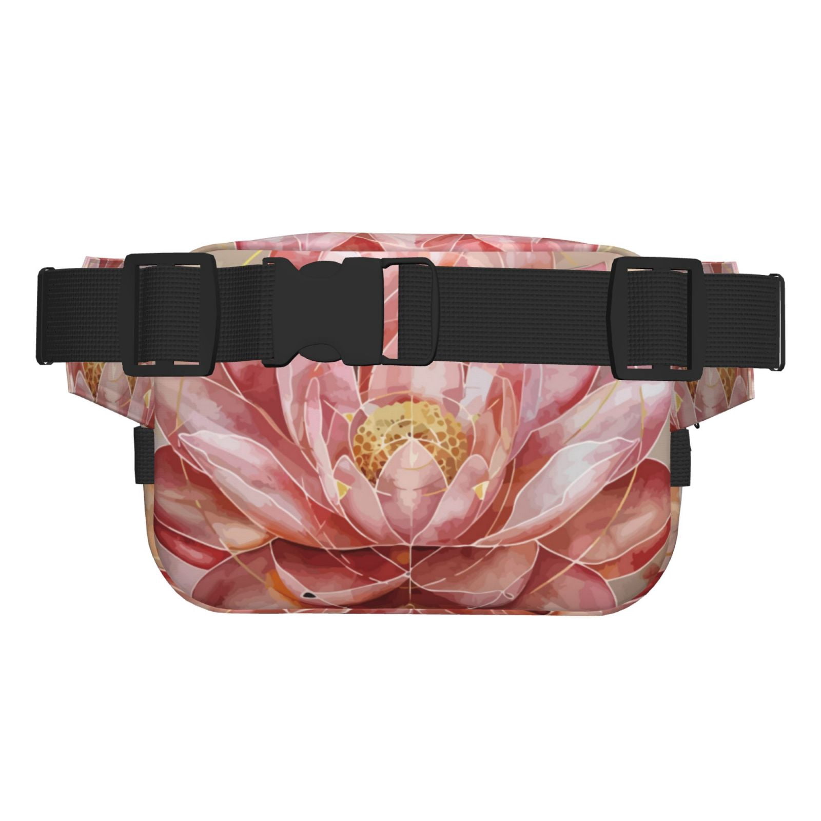 Picia Pink Lotus Print Square Double-Layer Waist Bag Mini Adjustable Waist Belt Bag Exercise Running Travel Hiking