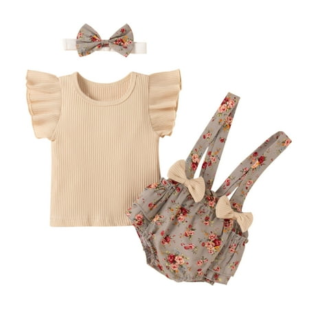 

Seyurigaoka Kids Set O-Neck Short Sleeve Tops+ Suspender Shorts+ Hairband
