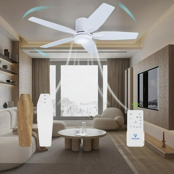 VAGIZM 42 Inch Flush Mount Ceiling Fan with Light - 5 Blades Modern Ceiling Fan for Living Room and Bedroom - Quiet DC Motor - Dimmable - Reversible Function - White