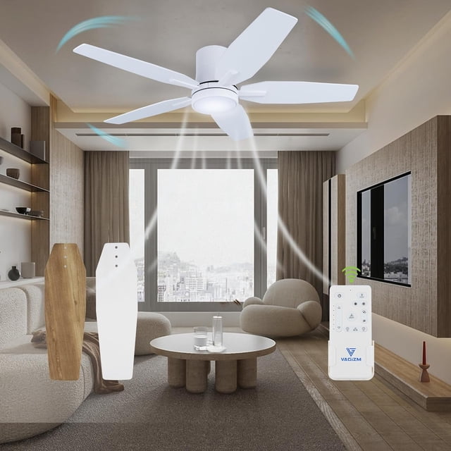 Vagizm Ventilador de Techo Empotrado de 42 Pulgadas con Luz - Ventilador de Techo Moderno de 5 Aspas para Sala de Estar y Recámara - Motor CC Silencioso - Regulable - Función Reversible - Blanco