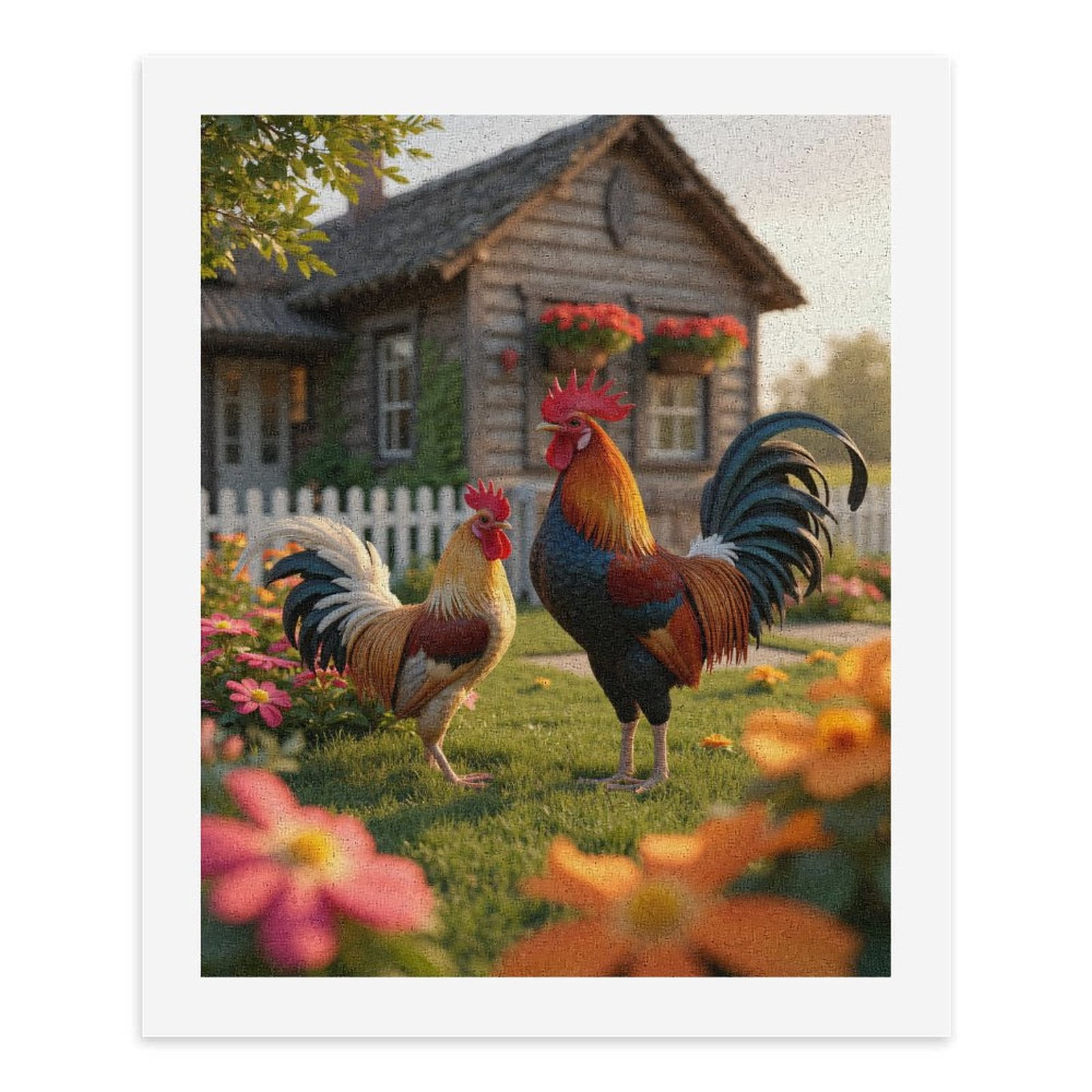 Paint by Numbers Kit for Adults, Roosters Garden Cottage Flowers Scene Paint by Numbers, Easy Paint by Numbers Kit for Adults Beginner, DIY Adult Paint by Number Kits on Canvas, 12x16in Home Decor