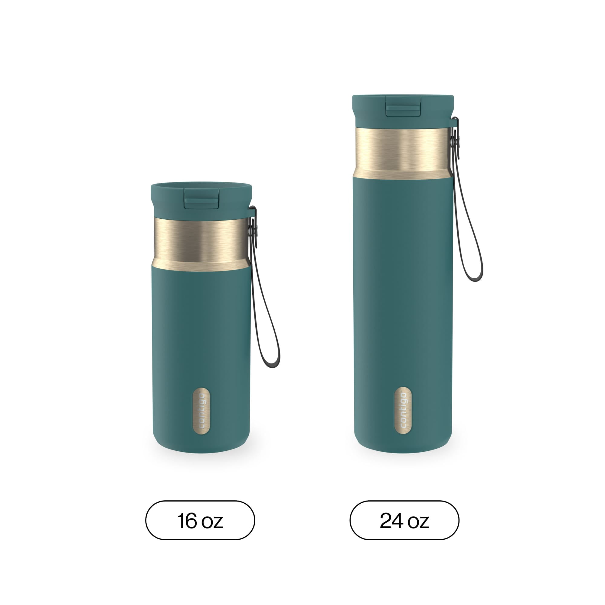 Contigo SnapSeal Leakproof Stainless Steel Reusable Water Bottle with Carrying Strap, Teal/Champagne, 24 oz