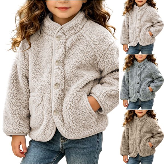 Child Padded Jacket Dqueduo Toddler Button Front Fuzzy Fleece Stand Collar Casual Cardigan Jacket With Side Pockets