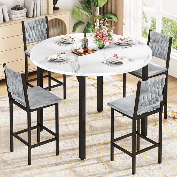 MIERES Round Dining Table Set for 4, Faux Marble Kitchen Table with Upholstered Velvet Chairs, Modern Dining Room Furniture, Easy to Assemble & Clean