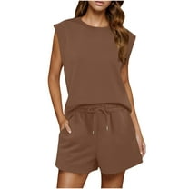 Fmbrln Womens Summer 2 Piece Sets Casual Solid Color Crew Neck Sleeveless Tank Tops and Drawstring Elastic Waist Shorts Sets Lounge Sets Brown M