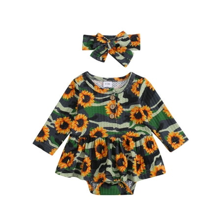 

Sunisery Newborn Infant Baby Girls Romper Camouflage Ruffle Long Sleeve Jumpsuit + Headband Autumn Clothing Sunflower 6-9 Months